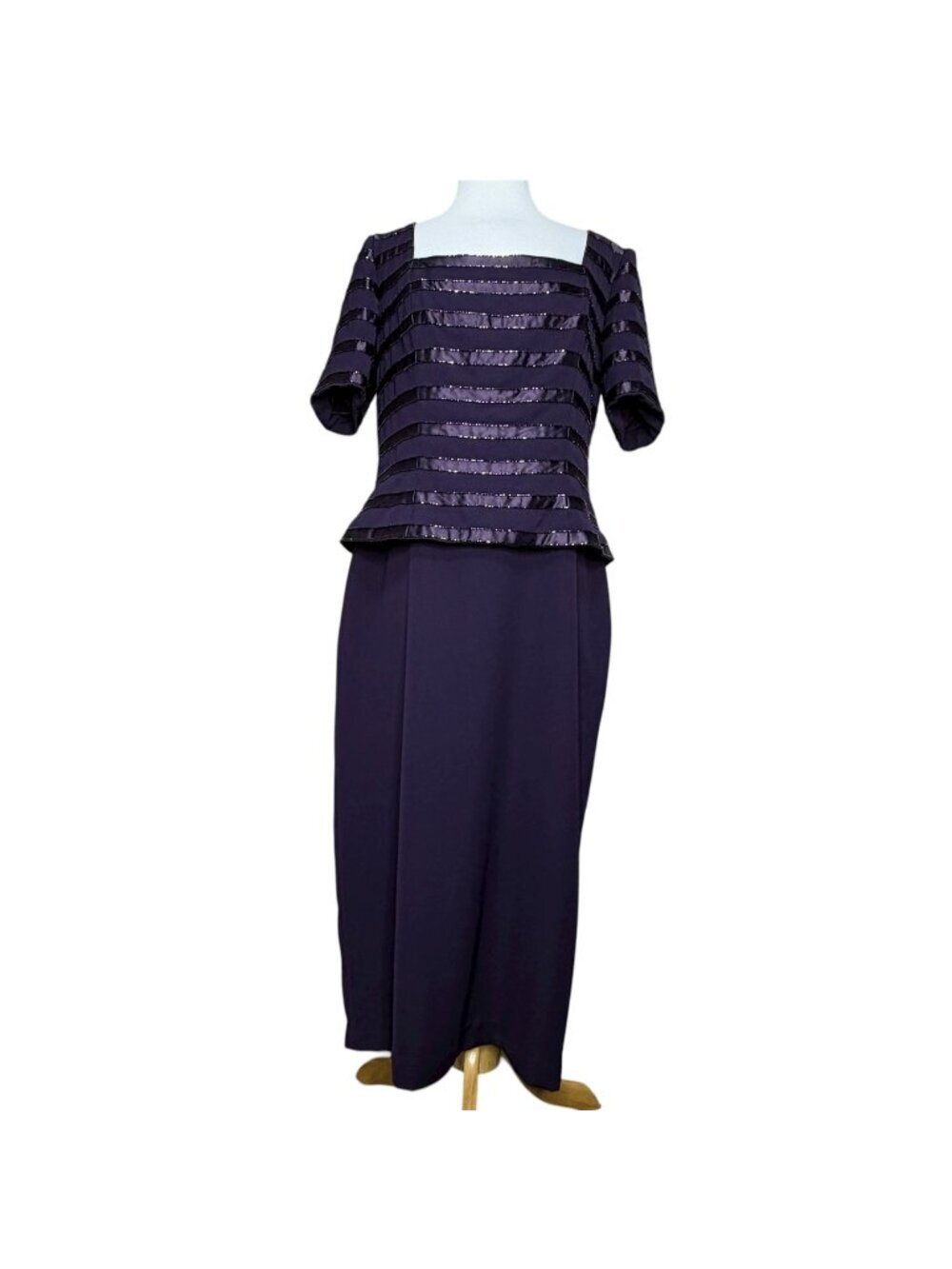 Vintage Marie St. Claire Purple Beaded Maxi Dress Sz 14 Evening Gown Mock 2-Piec